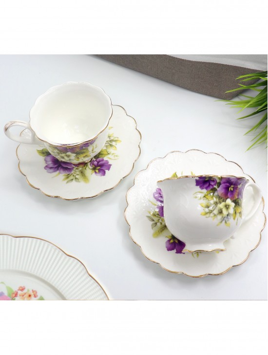 Porcelain Pansies 2 Cups and 2 Saucers With Gift Box